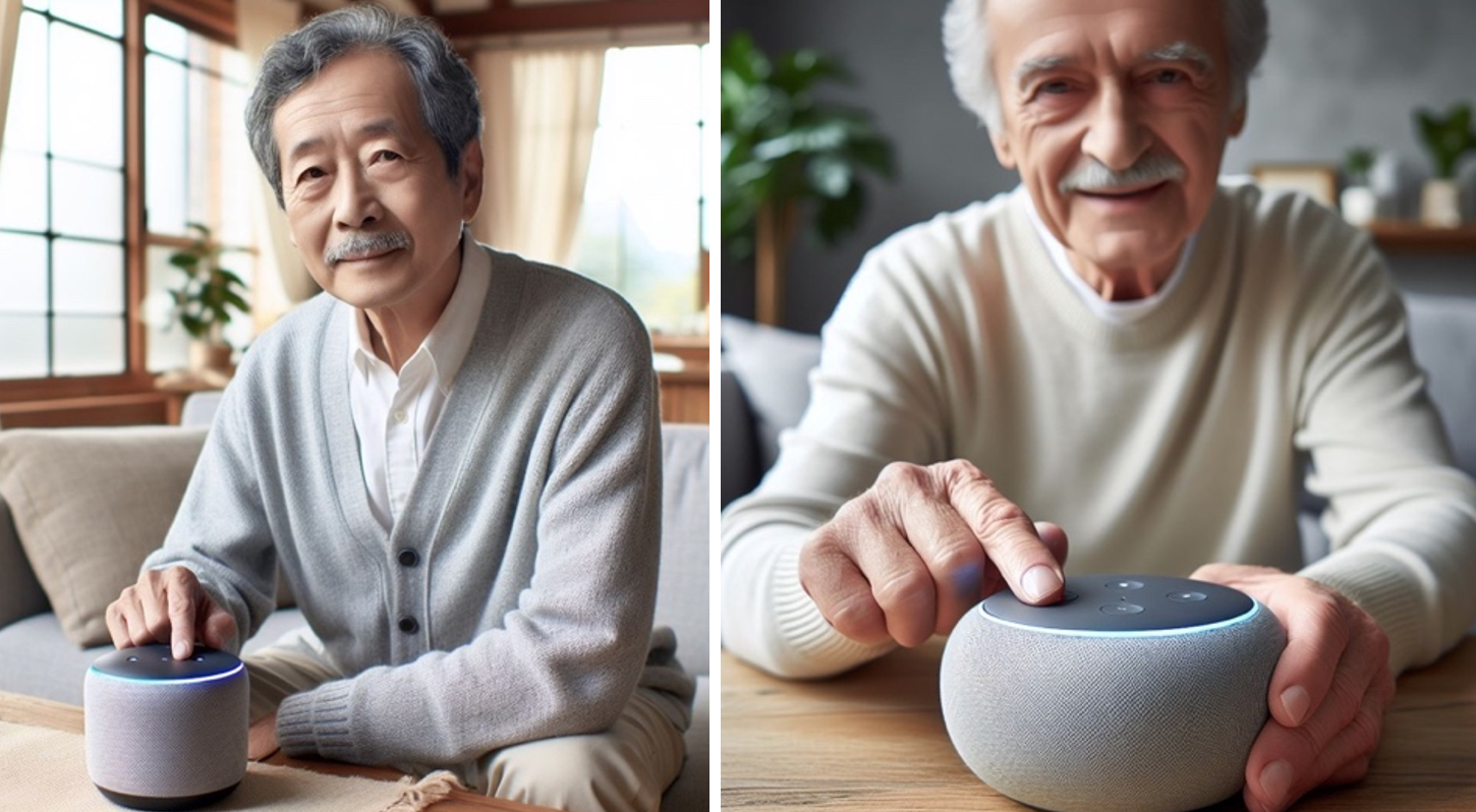 AI gegenereerde afbeelding van 2 oudere heren die een fictieve voice speaker gebruiken